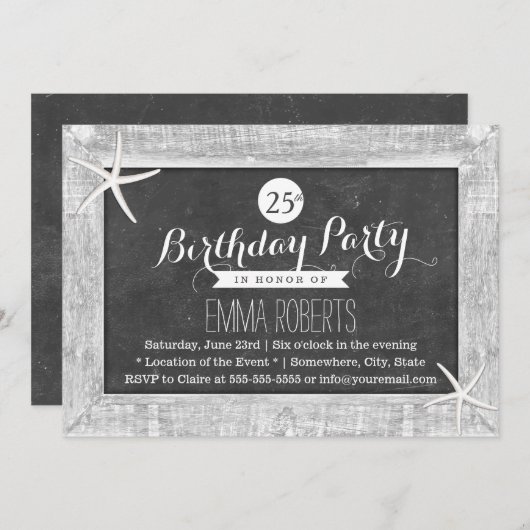 チョーク素朴ボード木枠ヒトデ誕生日 招待状 (正面/裏面)