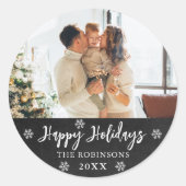 チョーク素朴ボード雪片フォトハッピーホリデー ラウンドシール (正面)