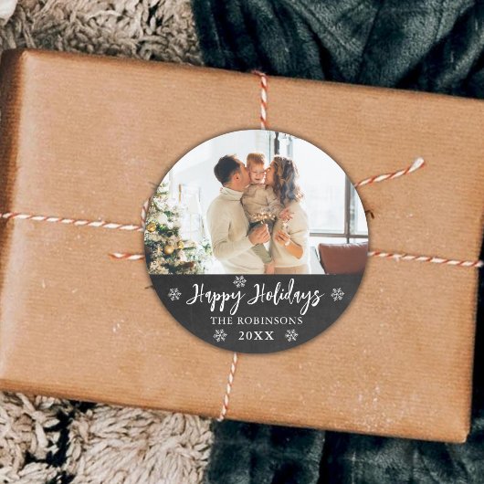 チョーク素朴ボード雪片フォトハッピーホリデー ラウンドシール