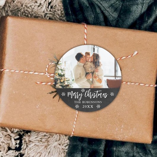 チョーク素朴ボード雪片フォトメリークリスマス ラウンドシール