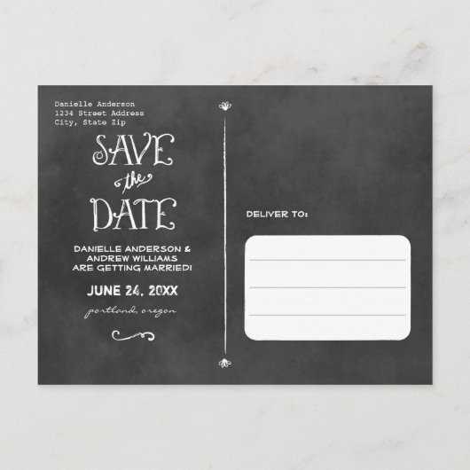 チョーク素朴ボ結婚ードの写真の保存日 案内ポストカード (裏面)