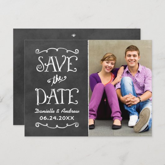 チョーク素朴ボ結婚ードの写真の保存日 案内ポストカード (正面/裏面)
