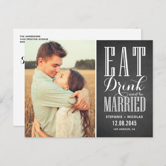 チョーク食べボード飲み物と結婚した日付の保存 案内ポストカード (正面/裏面)