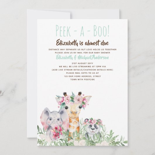 チラッと見るジャングルサファリ野生動物の赤ちゃんシャワー 招待状 (正面)