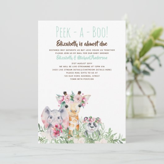 チラッと見るジャングルサファリ野生動物の赤ちゃんシャワー 招待状 (スタンド正面)