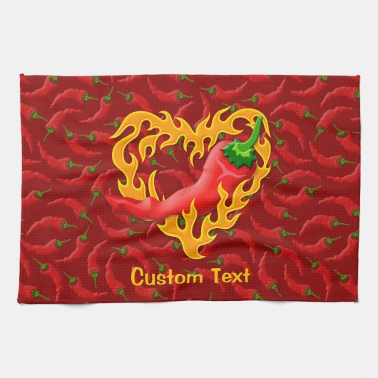 チリペッパーと炎ハート キッチンタオル (横)