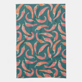 チリペッパー赤ティール（緑がかった色）グリーンウォーター色アート キッチンタオル (縦)