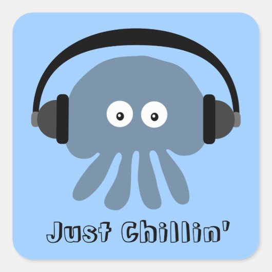 チリンの青いクラゲとヘッドフォン スクエアシール (正面)