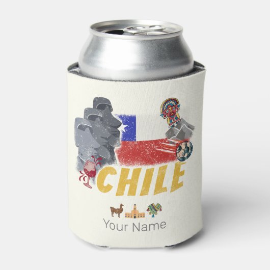 チリヴィンテージイースター島国旗とアルパカ 缶クーラー (缶正面)
