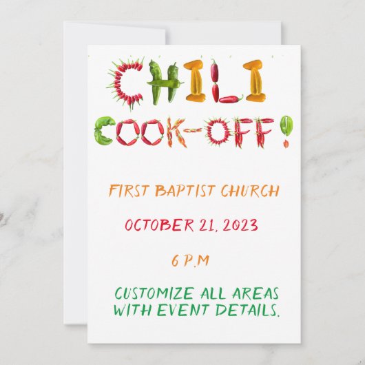 チリ調理師アウト – チリコンペティスパイシー赤唐辛子 招待状 (正面)