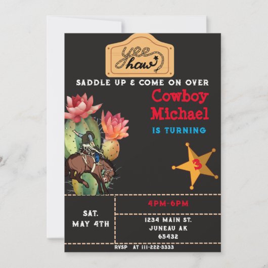 チルドルワイルドウエストサボテン誕生日ボーイ 招待状 (正面)