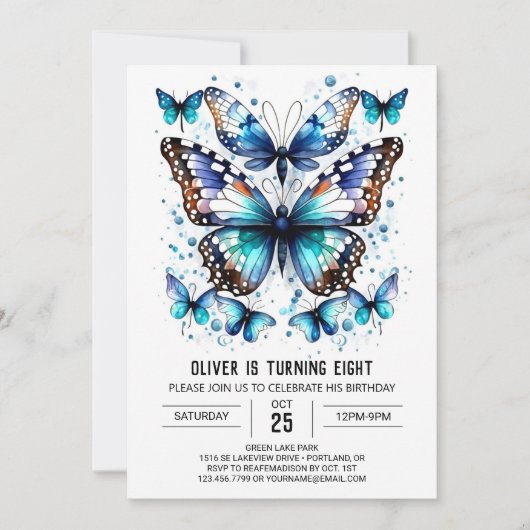 チルドレンモダンズバタフライボーイ誕生日 招待状 (正面)
