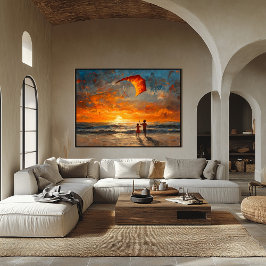 チルドレン飛んでいるズカイトアットサンセット – 鮮やかビーチ ポスター