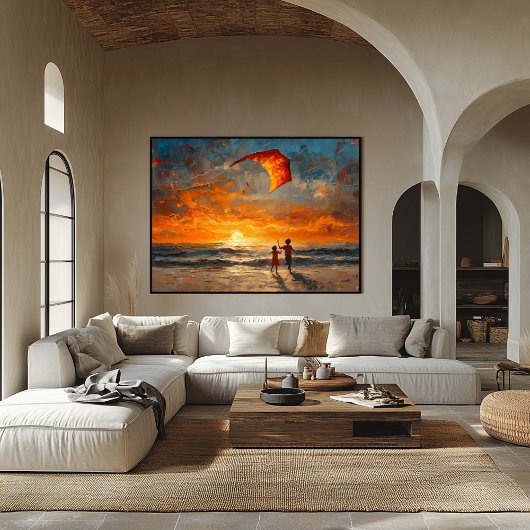 チルドレン飛んでいるズカイトアットサンセット – 鮮やかビーチ ポスター