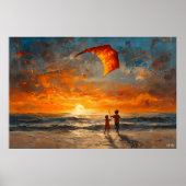 チルドレン飛んでいるズカイトアットサンセット – 鮮やかビーチ ポスター (正面)