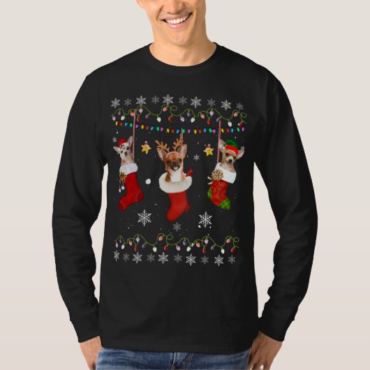 チワおもしろいホアクリスマス靴下ライトギフトドッグロー Tシャツ (正面)