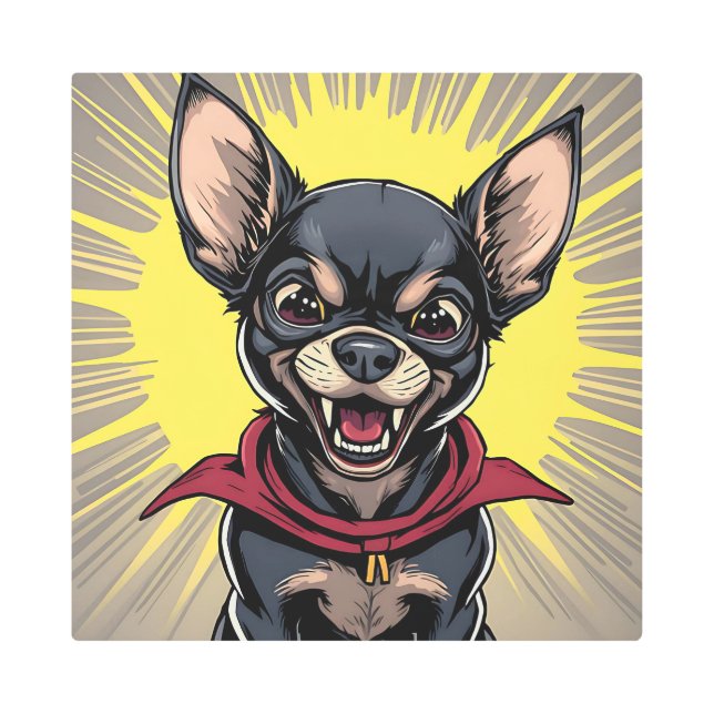 チワおもしろい熱狂するワ メタルプリント (正面)