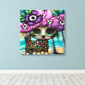 チワお洒落ホアドッグオンバケーションパームツリーズ キャンバスプリント (インサイチュ (ウッドフロア))