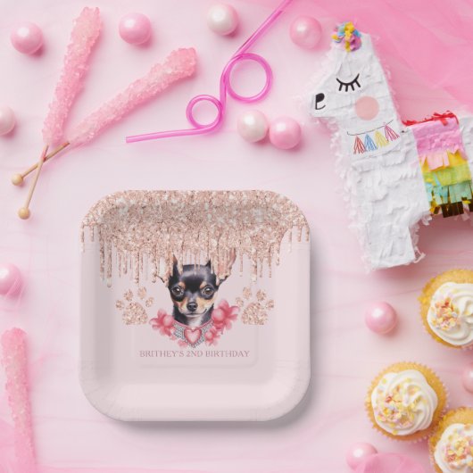 チワエレガントワとグリッター誕生日パーティー ペーパープレート (パーティー)