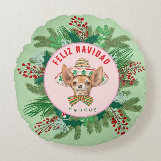 チワフアフェリズナビダハッピーホリデイリース ラウンドクッション (正面)