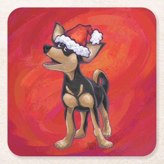 チワホアクリスマスオンレッド スクエアペーパーコースター (正面)