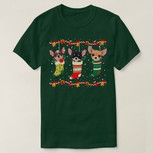 チワホアクリスマスライトおもしろいクリスマスドッグ恋人 Tシャツ (デザイン正面)