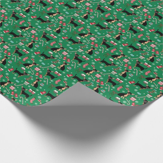 チワホアドッグクリスマスブラックとタン ラッピングペーパー (角)