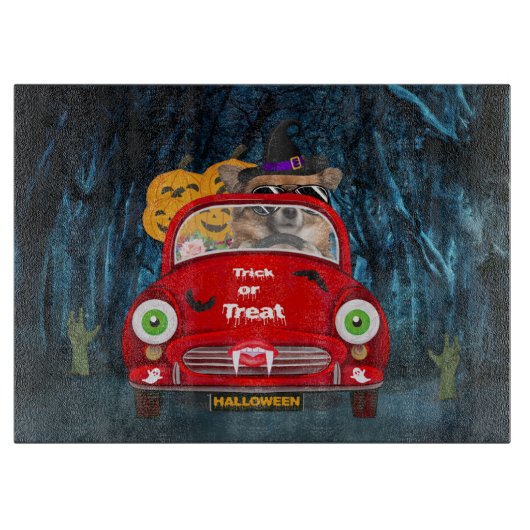 チワホアドッグドライビングカーホラーハロウィーン カッティングボード (正面)