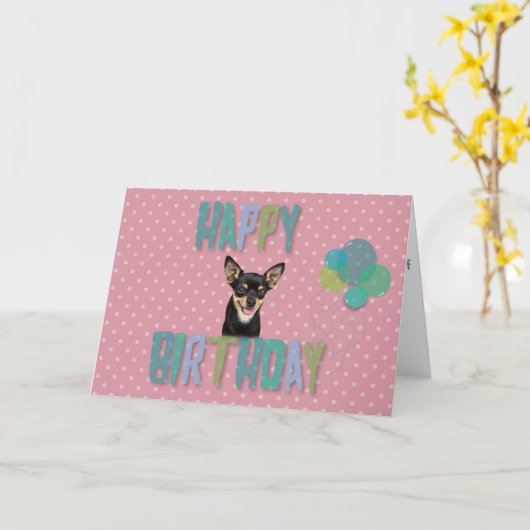 チワホアドッグハッピーバースデー水玉模様バルーン カード (黄色い花)