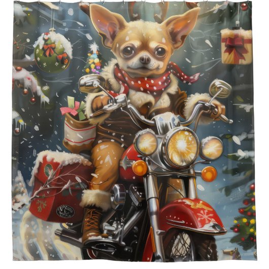 チワホアドッグ乗馬オートバイクリスマス シャワーカーテン (正面)