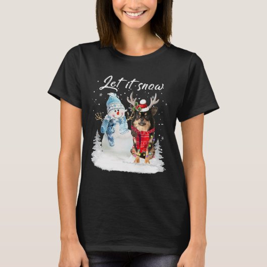 チワホアロングヘアサンタドッグクリスマス雪だるま Tシャツ (正面)