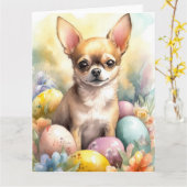チワワとイースターエッグホリデー カード (黄色い花)