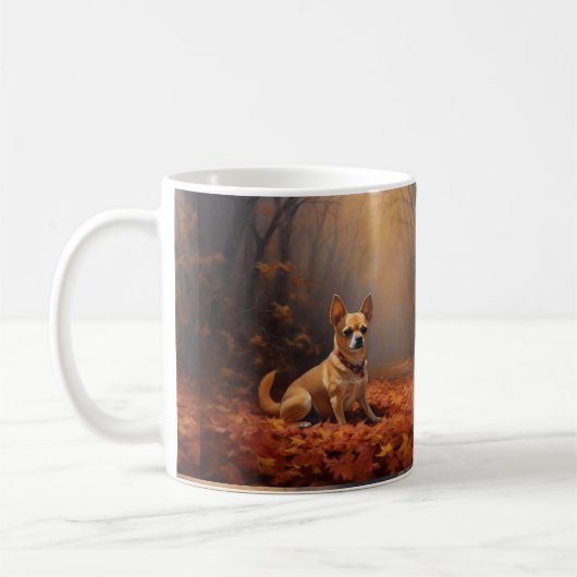 チワワと紅葉の落ち葉  コーヒーマグカップ (左)