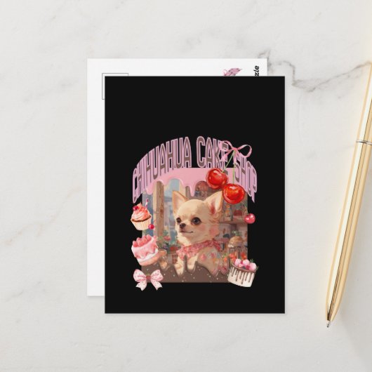 チワワのケーキ屋さん、スイーツ、子犬、リボン、cherry,girly好きのための ポストカード (正面/裏面インサイチュ)