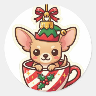 チワワのティーカップエルフ クリスマスステッカー ラウンドシール