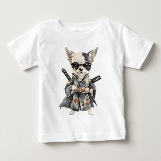 チワワのヒーロー 水彩犬の手描きデザイン ベビーTシャツ (正面)