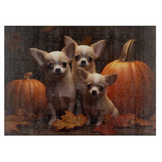 チワワの子犬の秋の喜びのかぼちゃ カッティングボード (正面)
