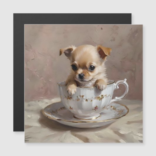 チワワの子犬をティーカップ油絵を描に、 (正面/裏面)