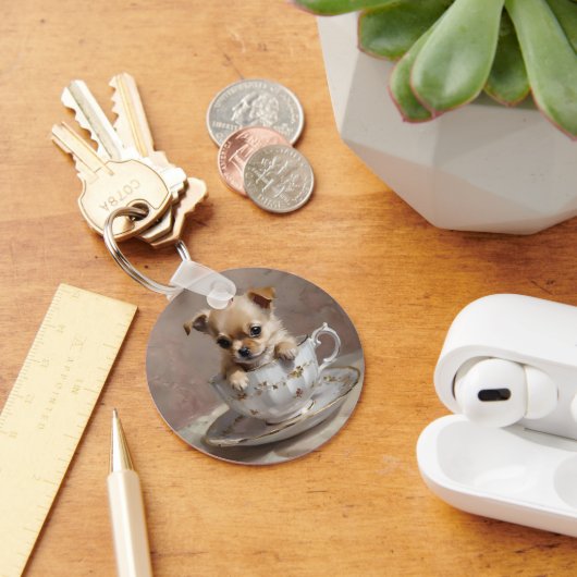 チワワの子犬をティーカップ油絵を描に、 キーホルダー (デスク)