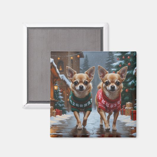 チワワの犬 クリスマス スノー ホリデー マグネット (正面/裏面)