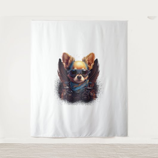 チワワバイクもしくは自転車に乗る人モトキュレライディングドッグパパ タペストリー (正面)