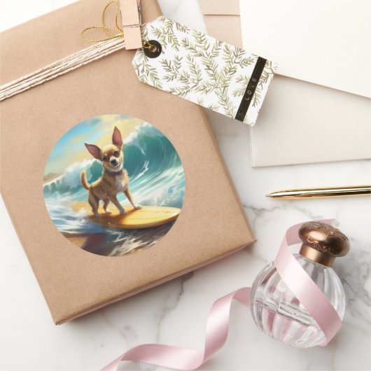 チワワビーチサーフィン絵画ズ ラウンドシール (ギフト)