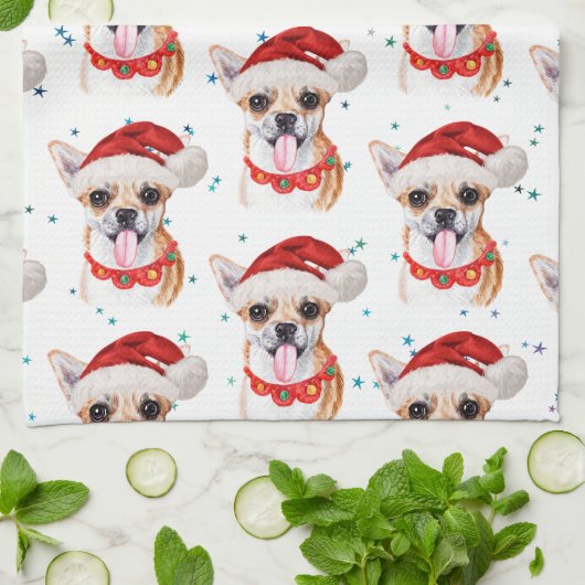 チワワ品種の水の色の犬のパターンのクリスマス キッチンタオル (折り畳み)
