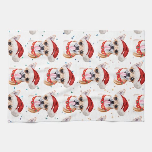 チワワ品種の水の色の犬のパターンのクリスマス キッチンタオル (横)