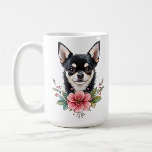 チワワ子犬とかわいらし花犬ママ コーヒーマグカップ (左)
