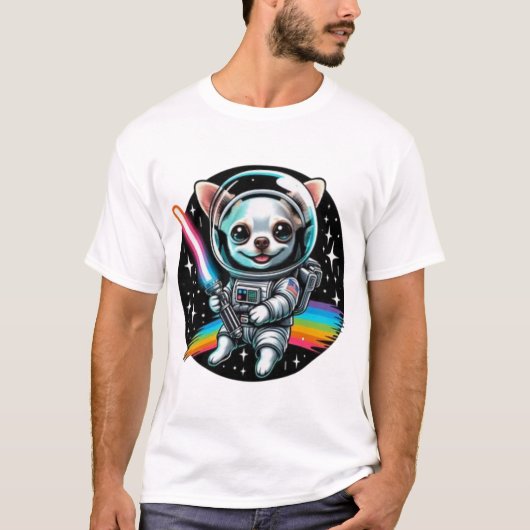 チワワ宇宙飛行士とレインボーライトセーバーSp Tシャツ (正面)