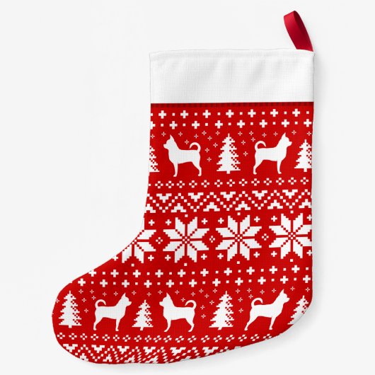 チワワ犬はパターンフェスティバルの休日のシルエットを描きます スモールクリスマスストッキング (裏面)