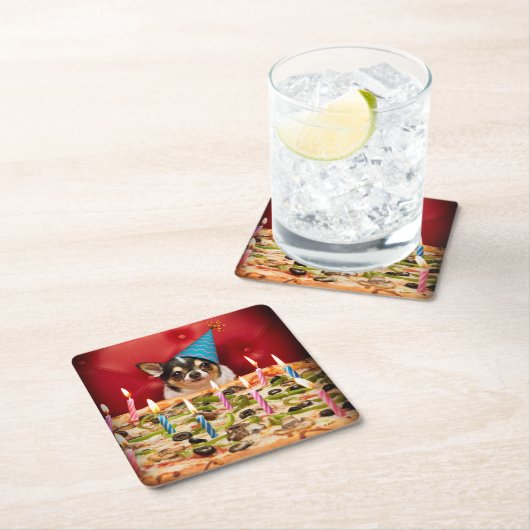 チワワ誕生日ピザパイ スクエアペーパーコースター (インサイチュ)