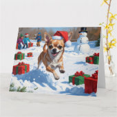 チワワ走アの雪とクリスマスハット カード (黄色い花)