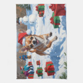 チワワ走アの雪とクリスマスハット キッチンタオル (縦)